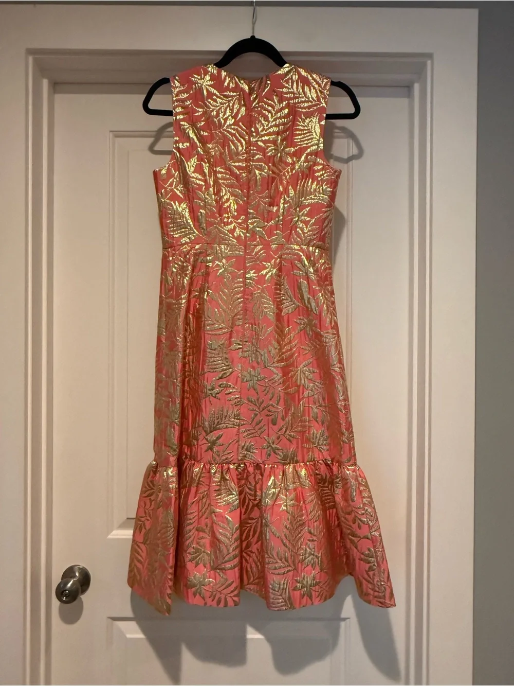 kate spade Coral Metallic Leaf-Print Flounce-Hem Midi Dress - NWT Size 2